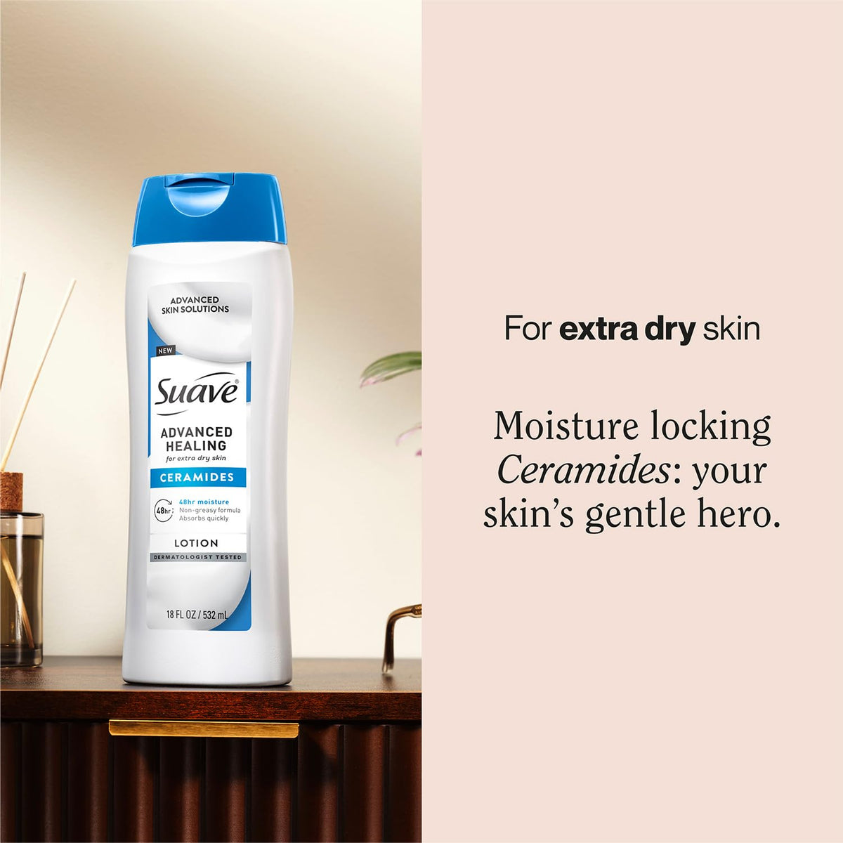 Suave advanced healing pump and label close-up highlighting easy dispensing