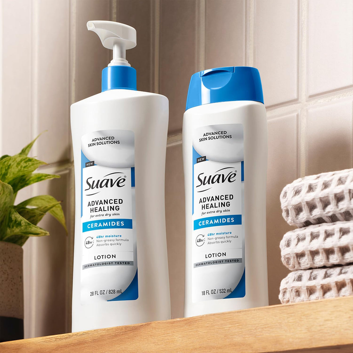 Suave advanced healing two-bottle pack on bathroom shelf for daily routine
