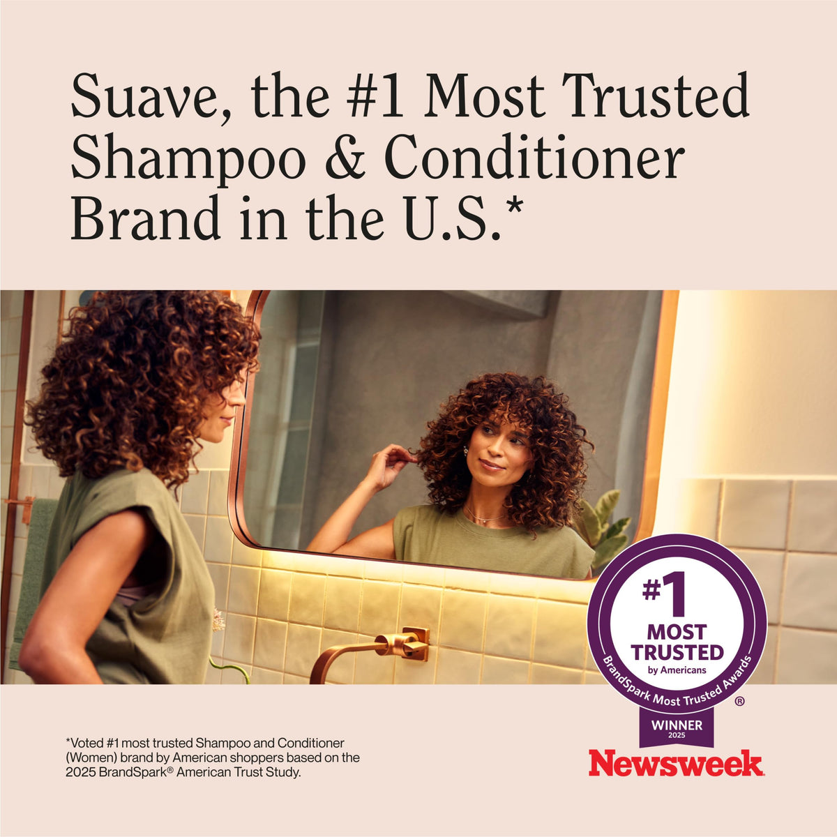 Suave after wash result showing smooth, shiny hair for improved manageability