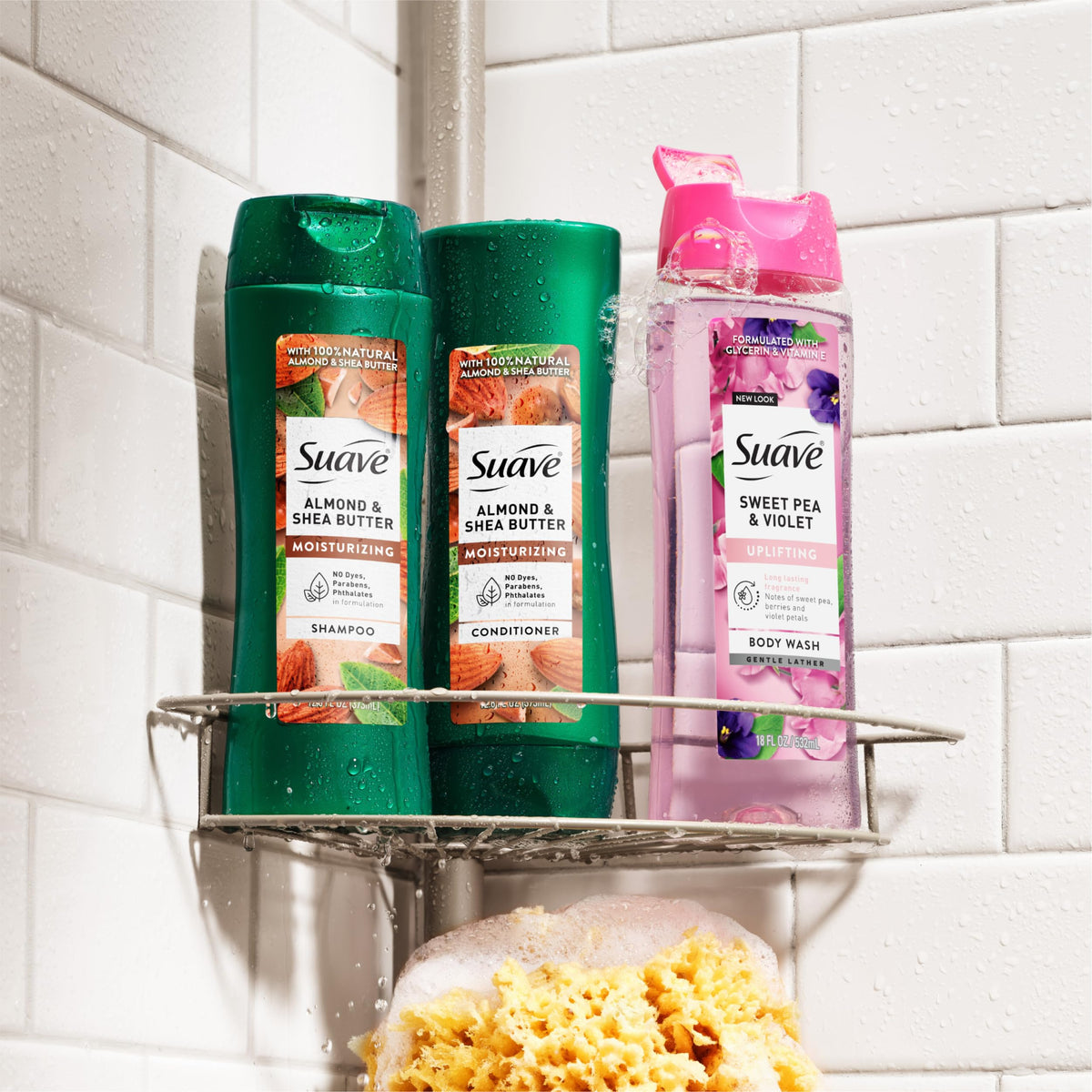 Suave bottles on bathroom shelf in family setting showing shared use
