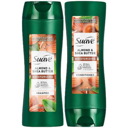 Suave almond & shea front packaging showing bottles and benefits