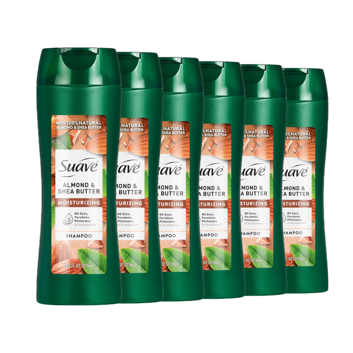 Suave front packaging showing almond and shea bottle and benefits