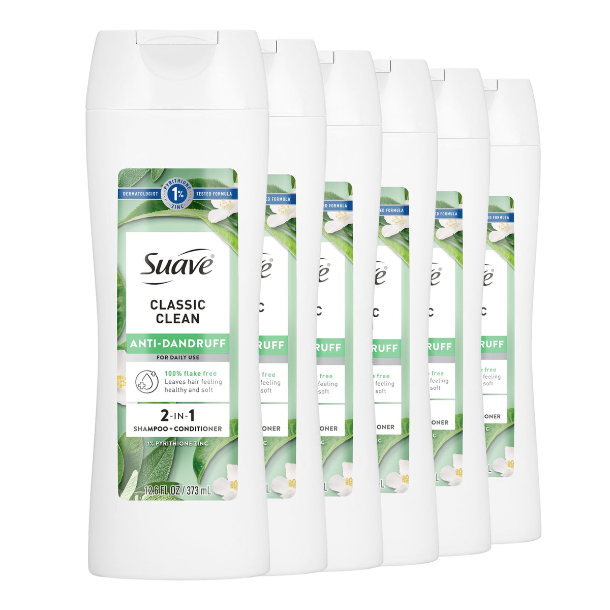 Suave front packaging showing bottle and label, clear dandruff control benefit