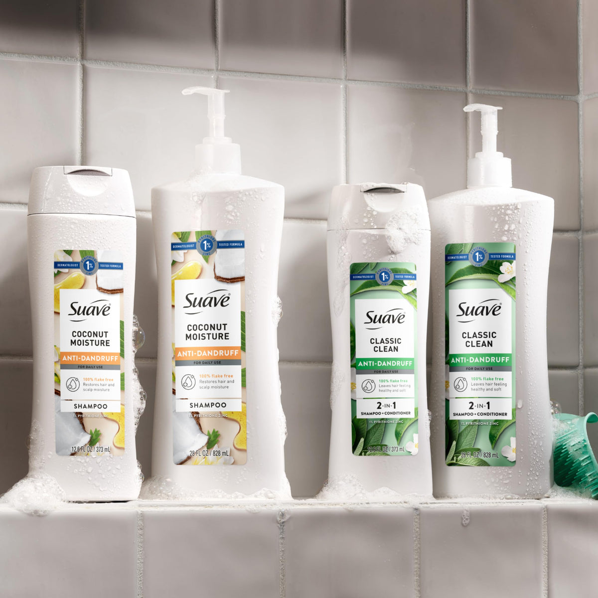 Suave bottle staged on bathroom shelf for everyday routine and fresh scent