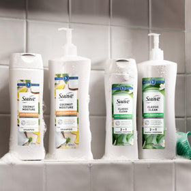 Suave bottle staged on bathroom shelf for everyday routine and fresh scent
