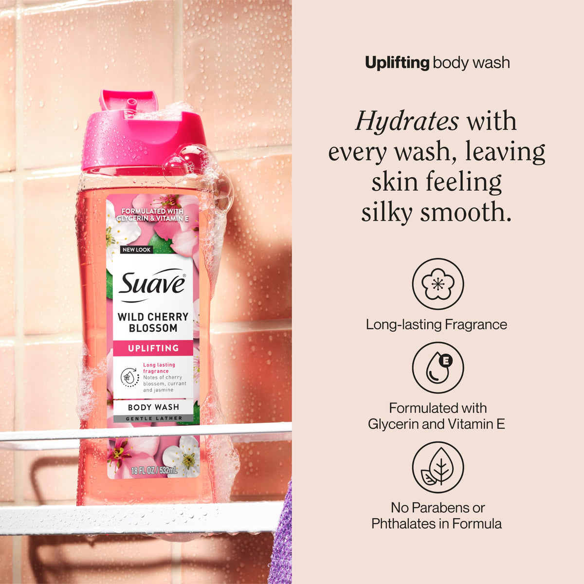 Suave back label with ingredients visible and clear usage directions benefit