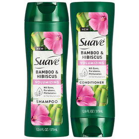 Suave front bottles showing bamboo and hibiscus for added lift
