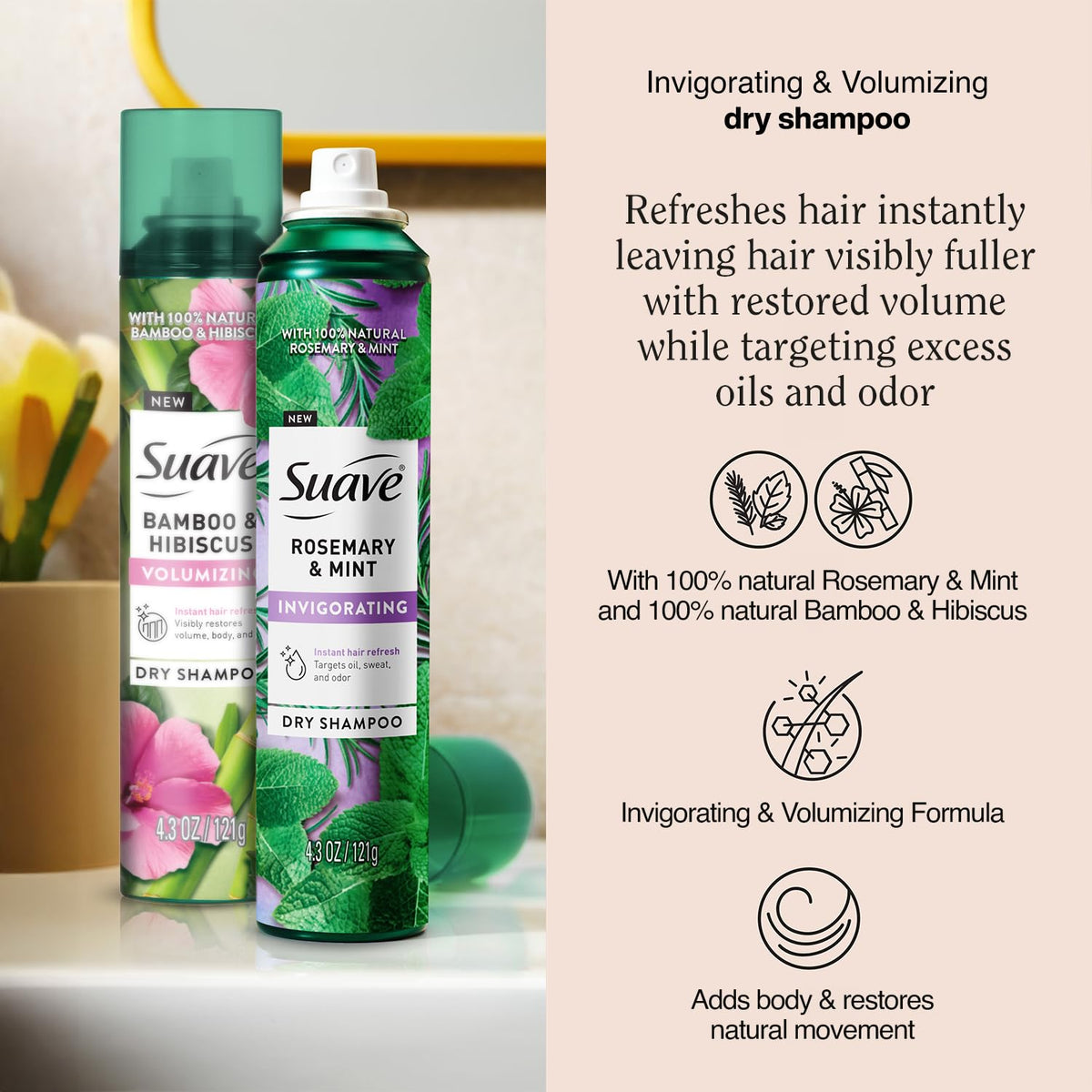 Suave Bamboo & Hibiscus front packaging highlighting volumizing boost
