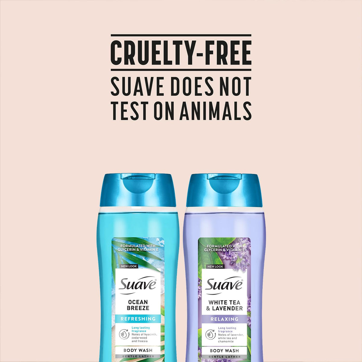 Suave bottles beside a bubble-filled bathtub showing relaxing bath benefit