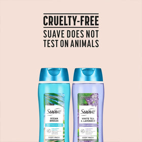 Suave bottles beside a bubble-filled bathtub showing relaxing bath benefit