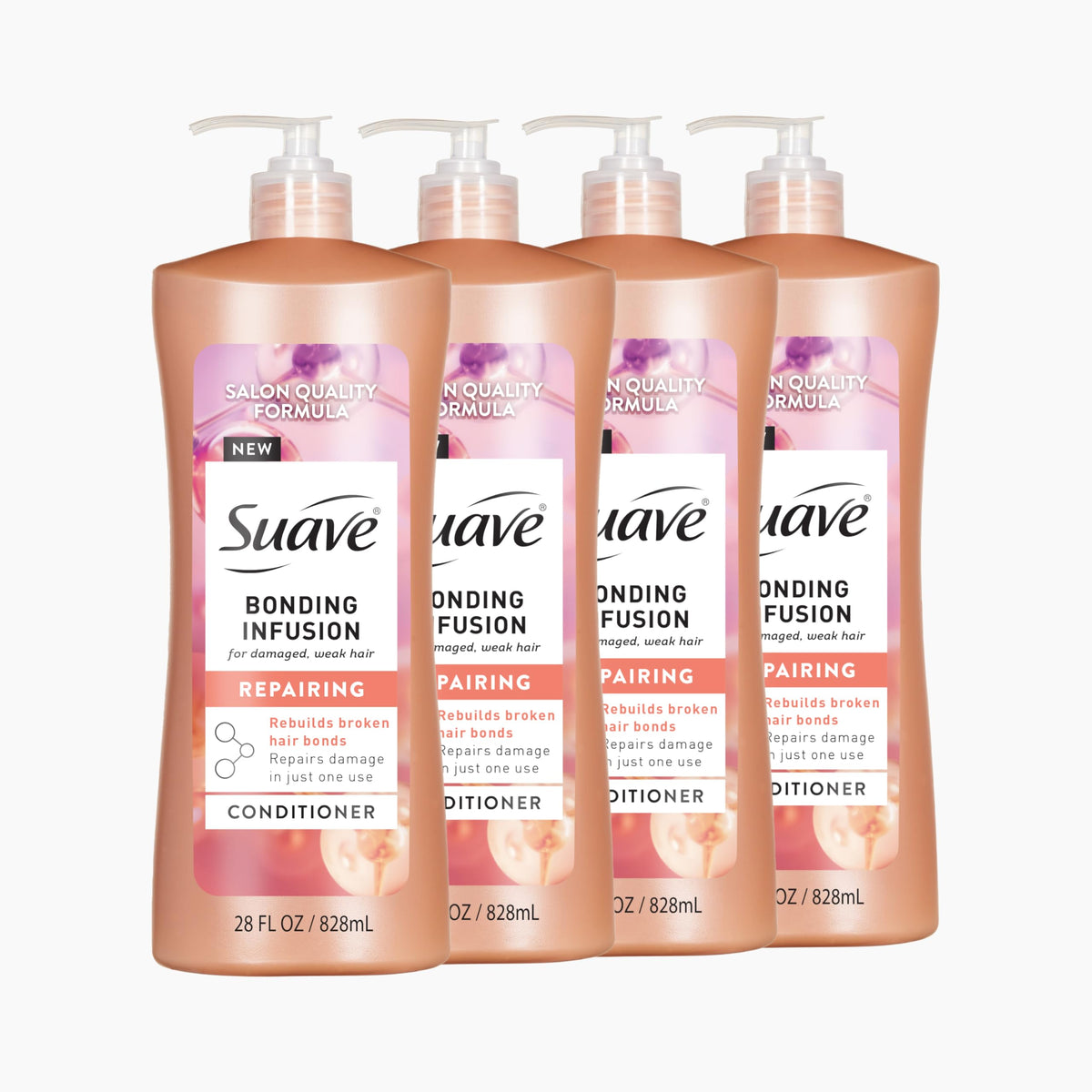 Suave bonding infusion front pump showing 28oz bottle and easy dispensing benefit