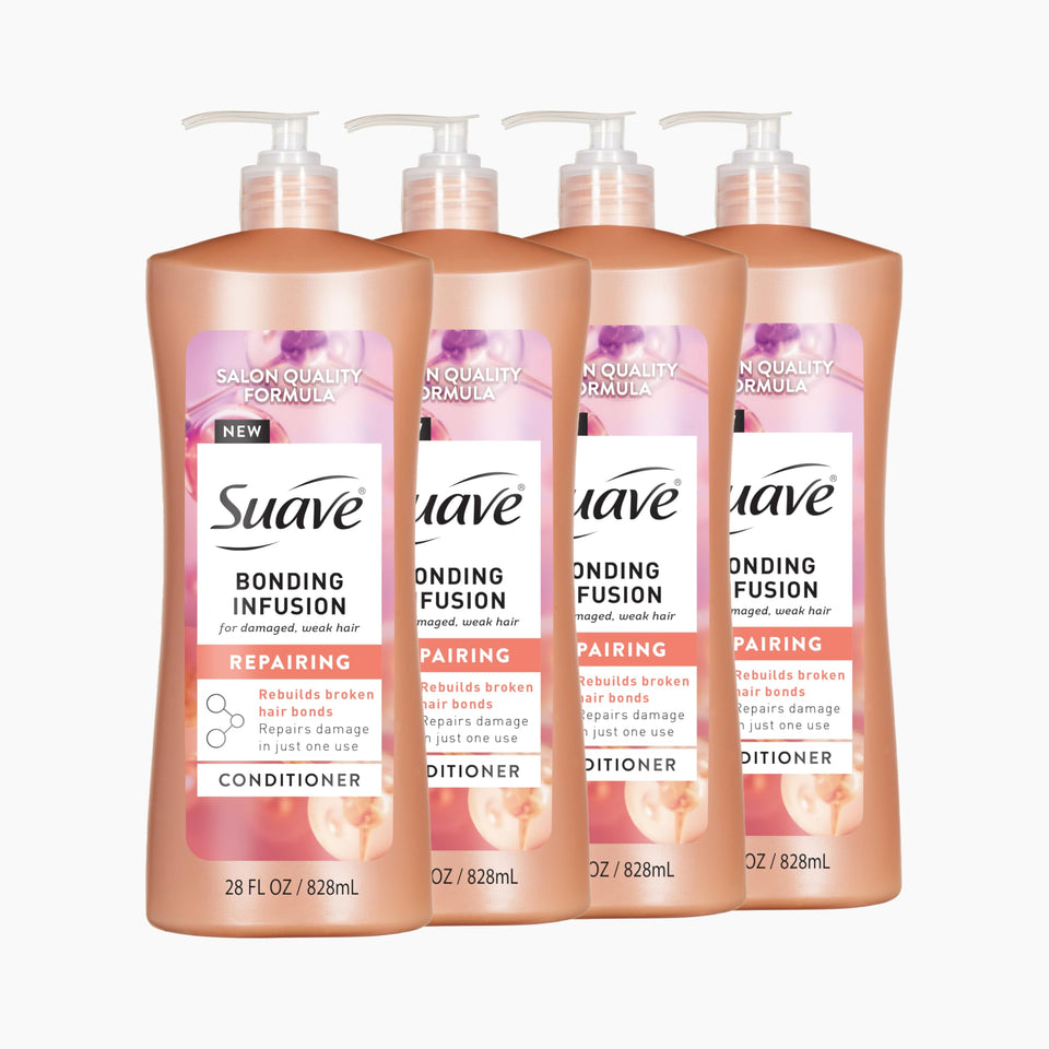Suave bonding infusion front pump showing 28oz bottle and easy dispensing benefit