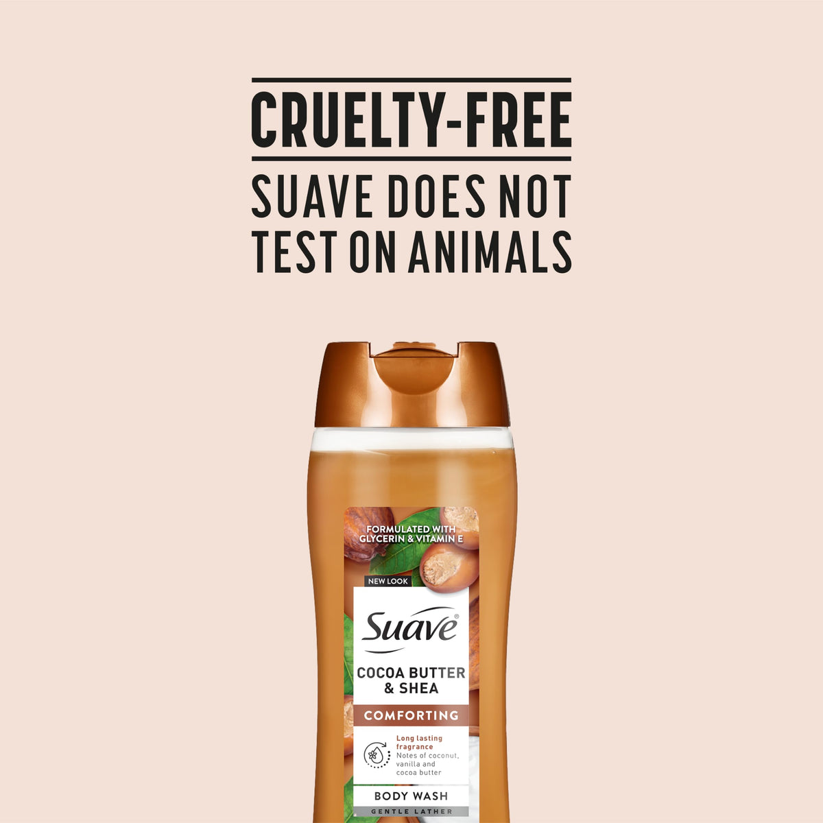 Suave bottle back label showing ingredients and free-from claims for reassurance