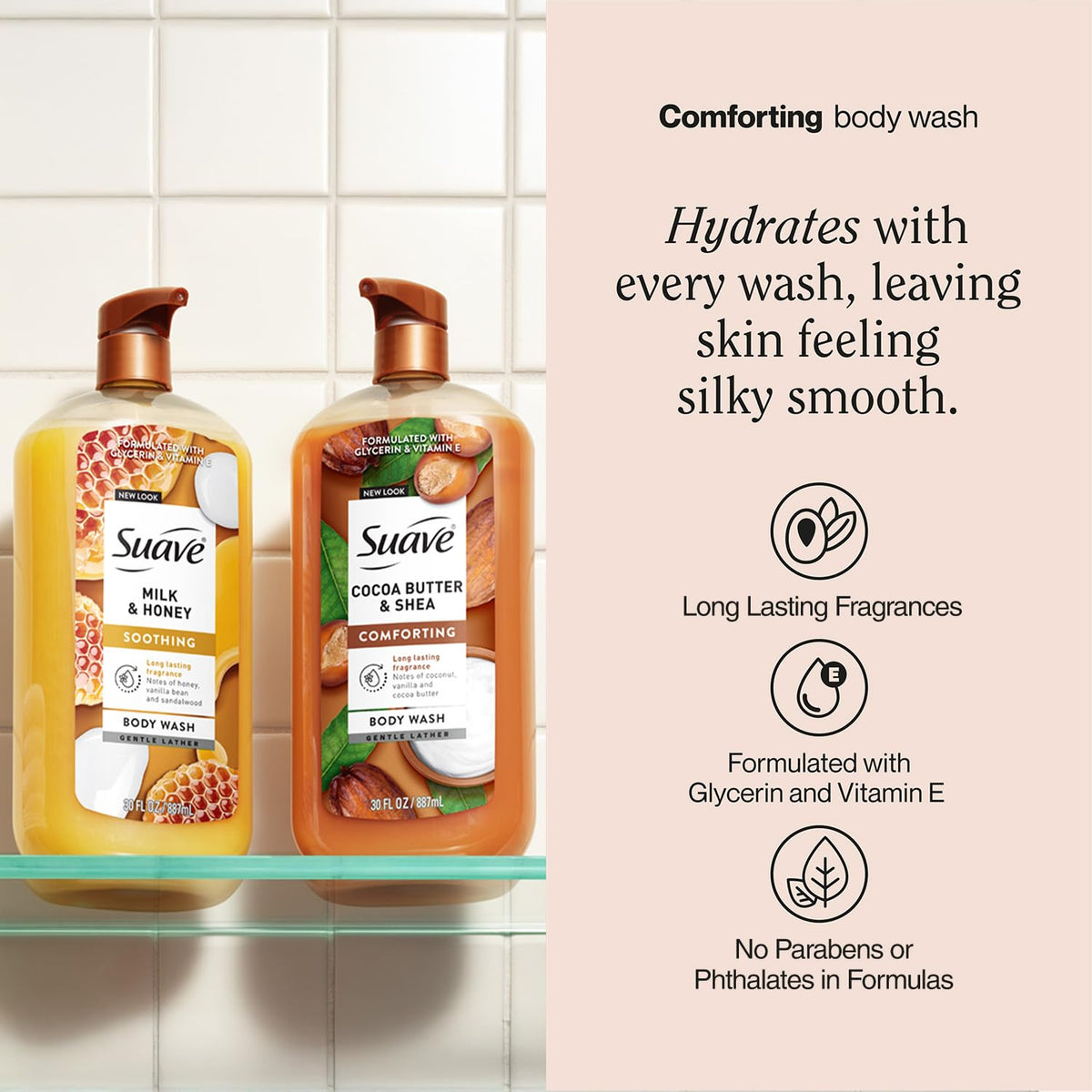 Suave label close-up showing vitamin E and moisturizing claim benefits