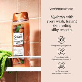 Suave bottle label close-up showing scent and benefits for easy selection