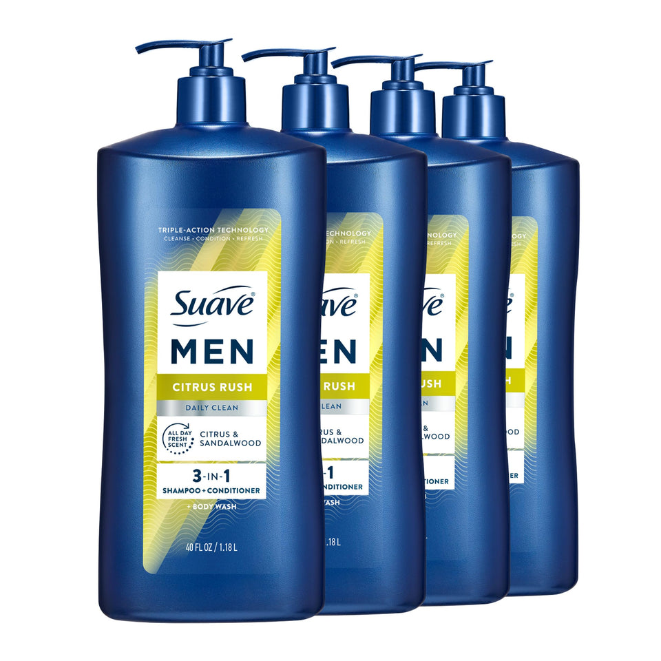 Suave Citrus Rush front packaging shows bottle and citrus scent invigorating shower