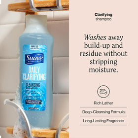 Suave clarifying shampoo family-size four-pack providing value and long-lasting supply