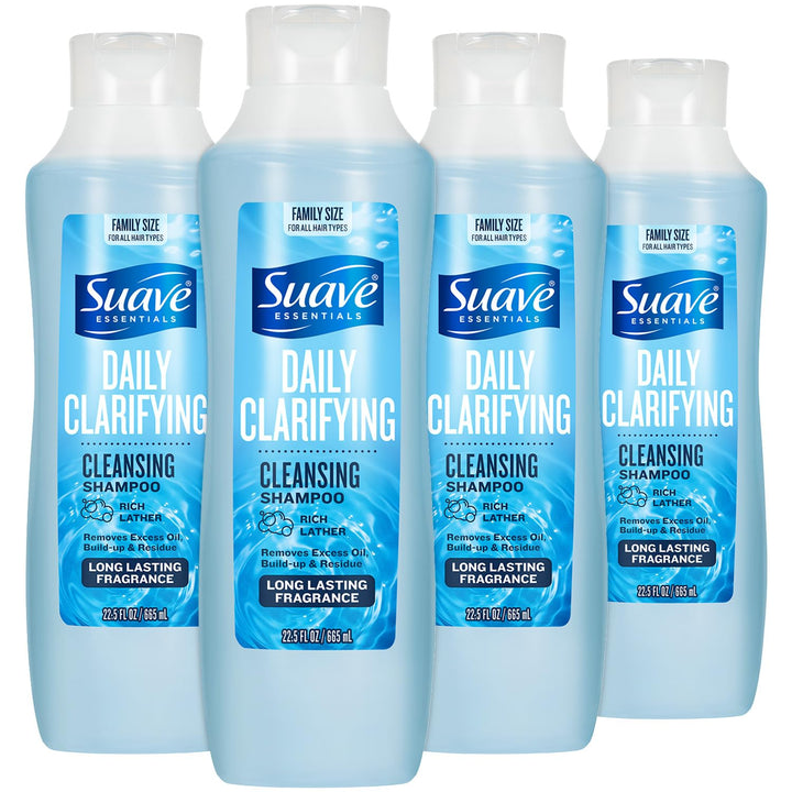 Suave clarifying shampoo front bottle showing product and benefit of deep cleansing