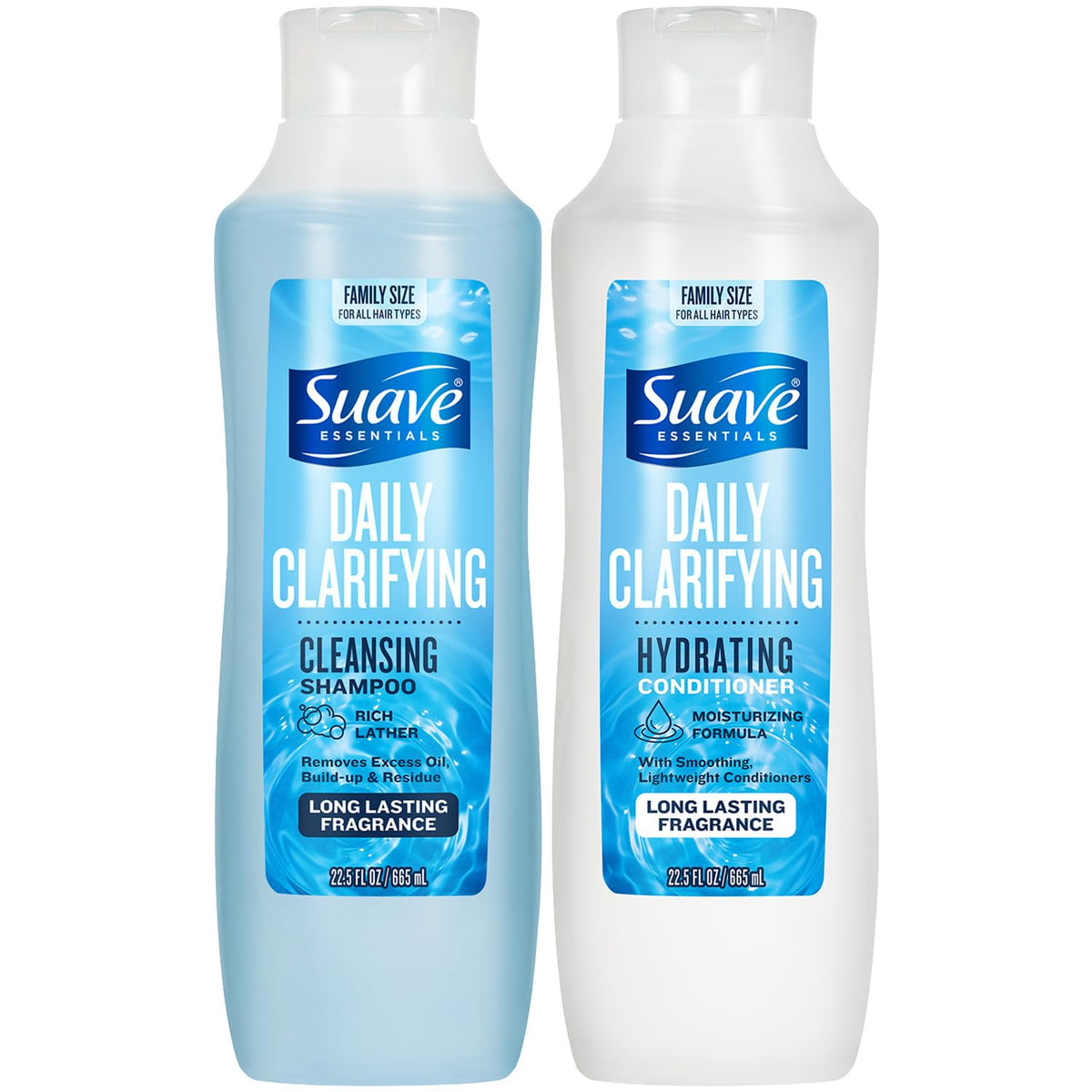 Suave clarifying shampoo front view showing label and benefit of residue removal