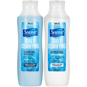 Suave clarifying shampoo front view showing label and benefit of residue removal