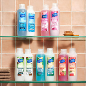Suave clarifying shampoo in shower being applied showing simple daily use