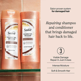 Suave coconut infusion shampoo close-up highlighting label and formula