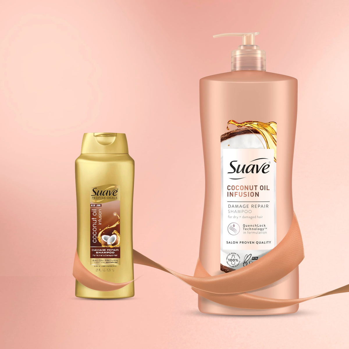 Hand holding Suave bottle to show scale and 28 oz size, brand for value packing