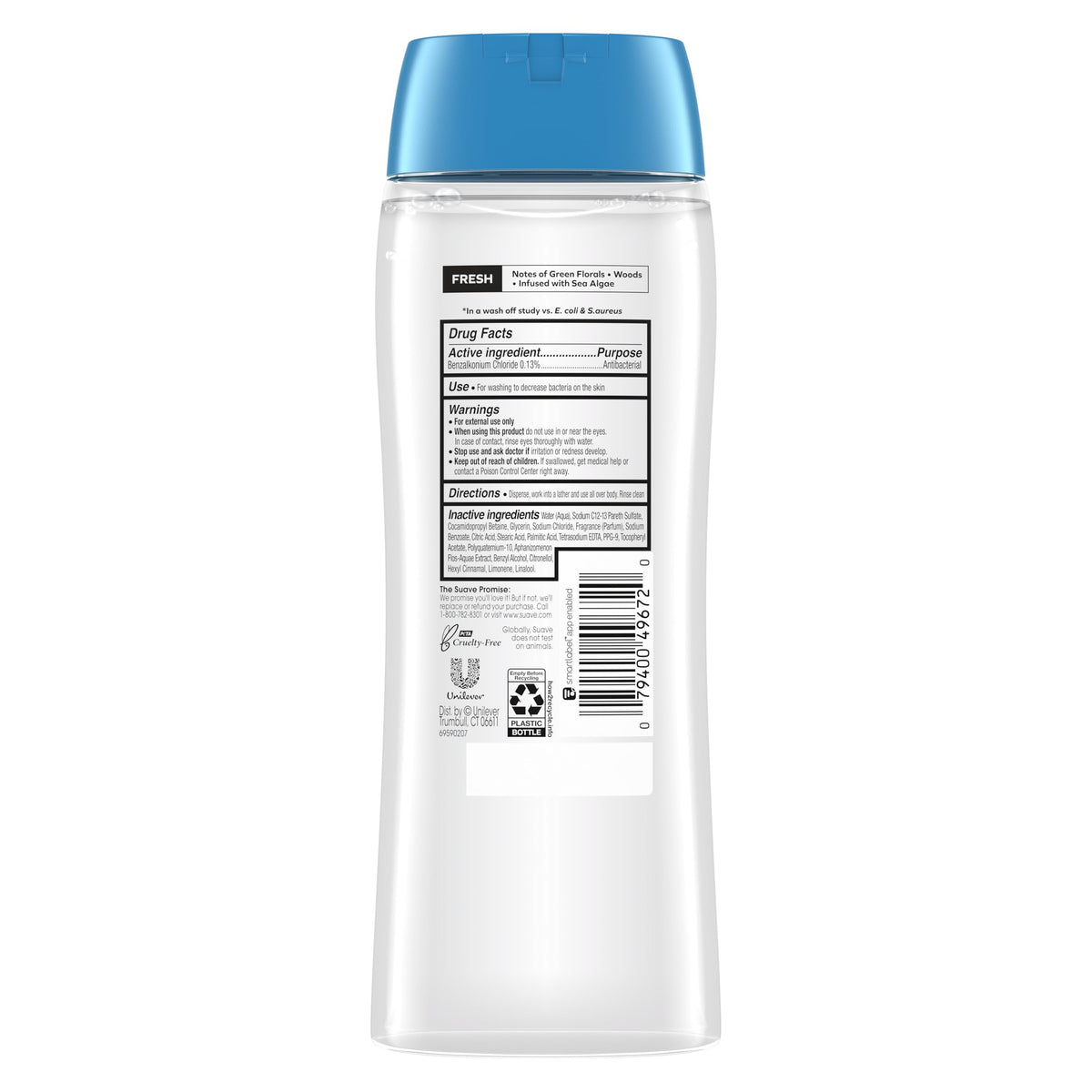 Suave 18 fl oz bottle next to a ruler showing size and value benefit