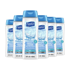 Suave bottle front packaging showing antibacterial label and long-lasting scent benefit