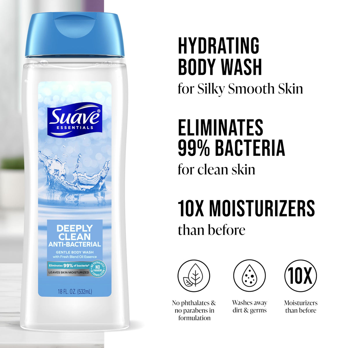 Person using Suave in shower enjoying fresh floral woody scent benefit