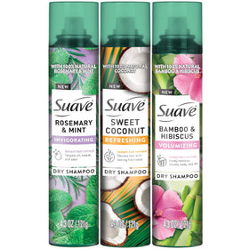 Suave three-pack front packaging showing all scents and benefits