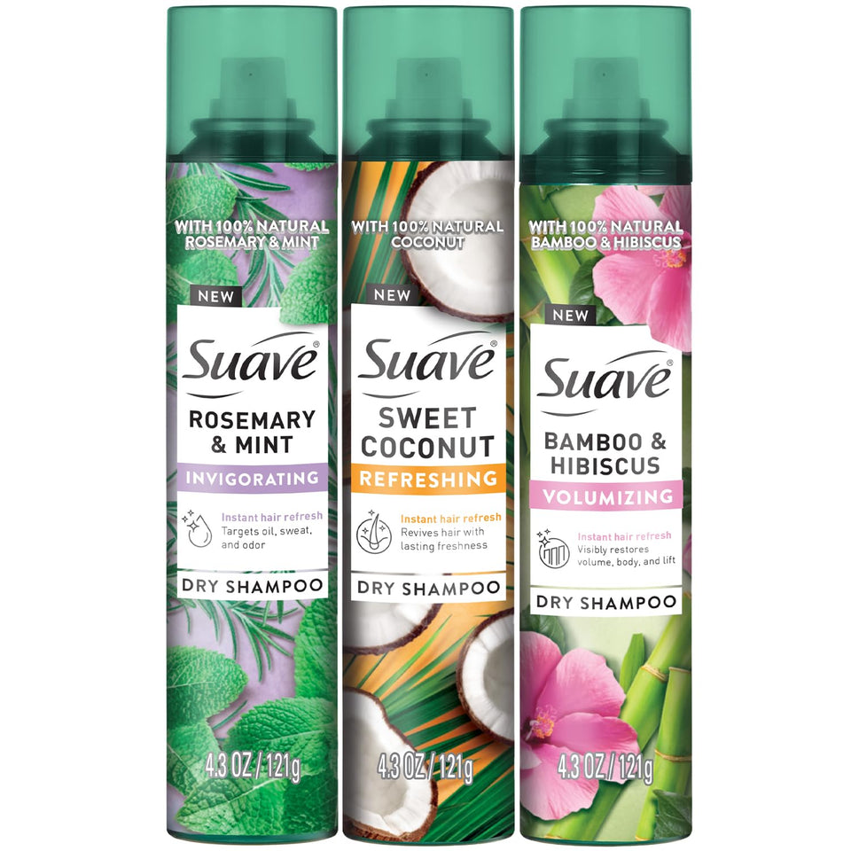 Suave three-pack front packaging showing all scents and benefits