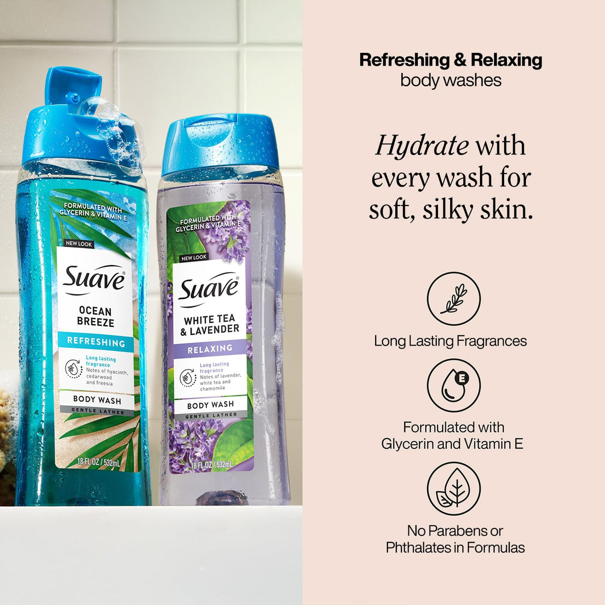 Suave two 18 oz bottles side-by-side showing pack size and value benefit