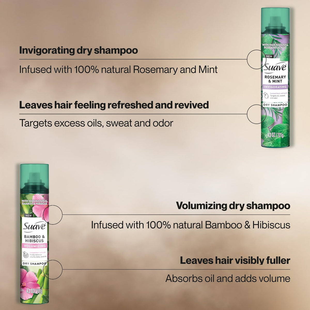 Two Suave dry shampoo cans side by side for choice and convenience