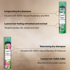 Two Suave dry shampoo cans side by side for choice and convenience