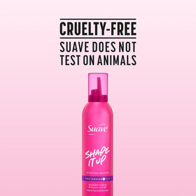 Suave extra hold mousse on bathroom shelf among products showing everyday styling routine