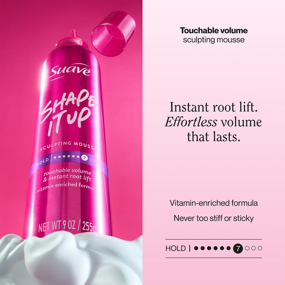 Suave extra hold mousse whipped foam texture showing lightweight hold and softness