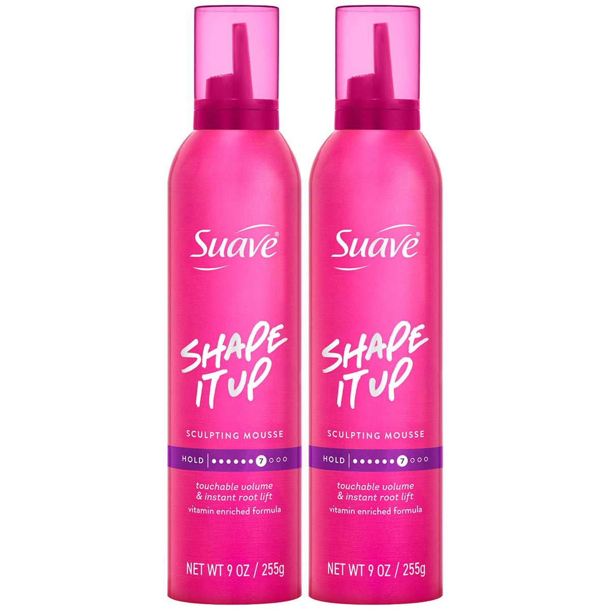 Suave extra hold mousse front view showing label and 9 oz can for easy recognition