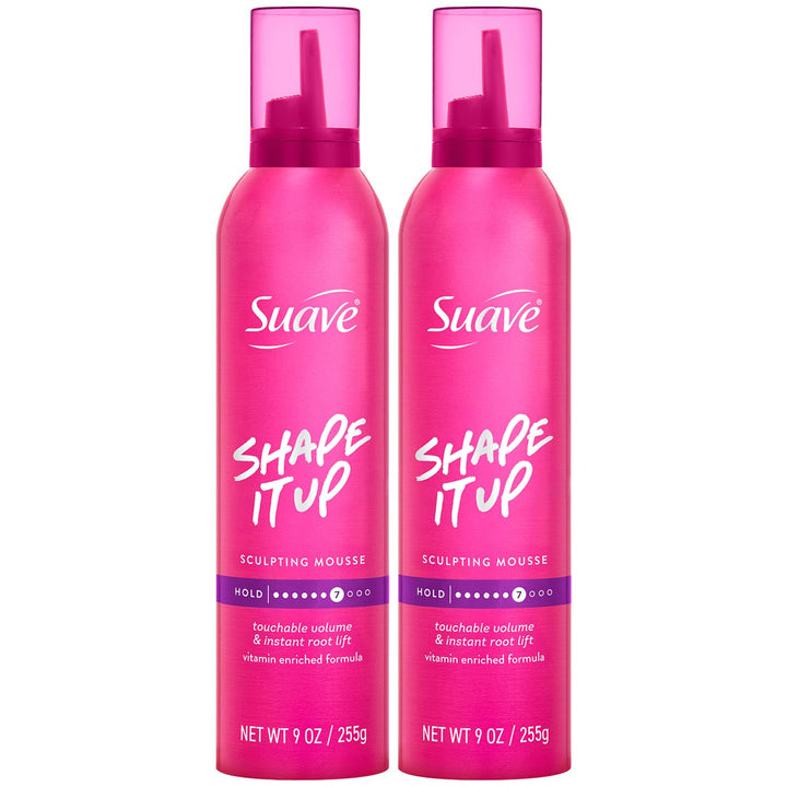 Suave extra hold mousse front view showing label and 9 oz can for easy recognition