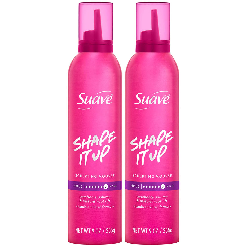 Suave extra hold mousse front view showing label and 9 oz can for easy recognition