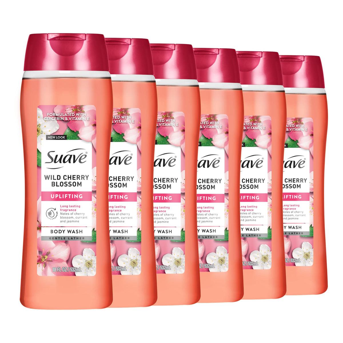 Suave front bottle showing Wild Cherry Blossom label and moisturizing benefit