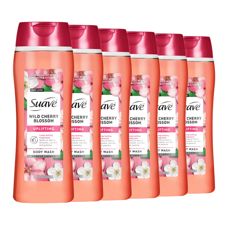 Suave front bottle showing Wild Cherry Blossom label and moisturizing benefit