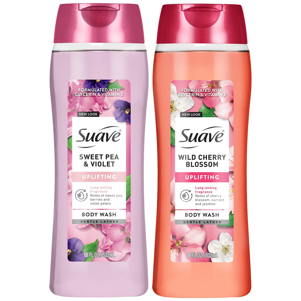 Suave two-bottle pack front view showing size and floral scents for variety