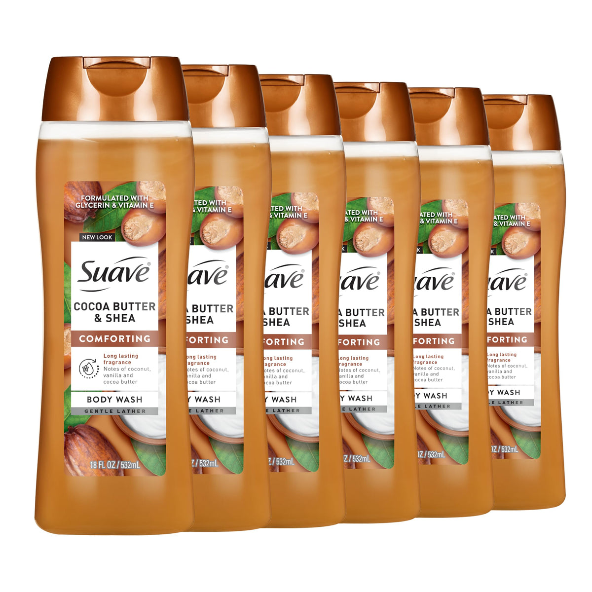 Suave front packaging cocoa butter and shea visible, moisturizing benefit