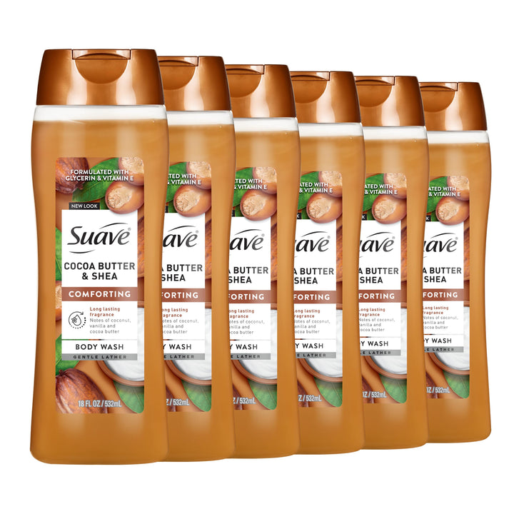 Suave front packaging cocoa butter and shea visible, moisturizing benefit