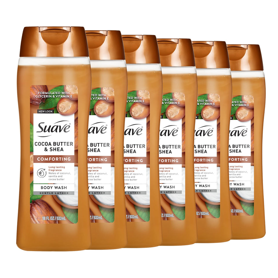 Suave front packaging cocoa butter and shea visible, moisturizing benefit
