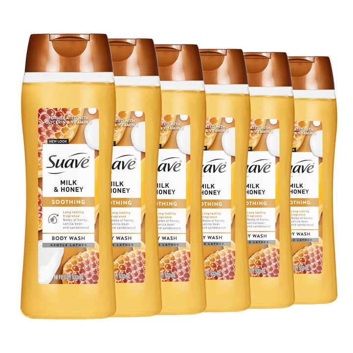 Suave front packaging showing milk and honey scent and clear benefit