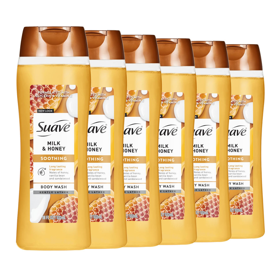 Suave front packaging showing milk and honey scent and clear benefit