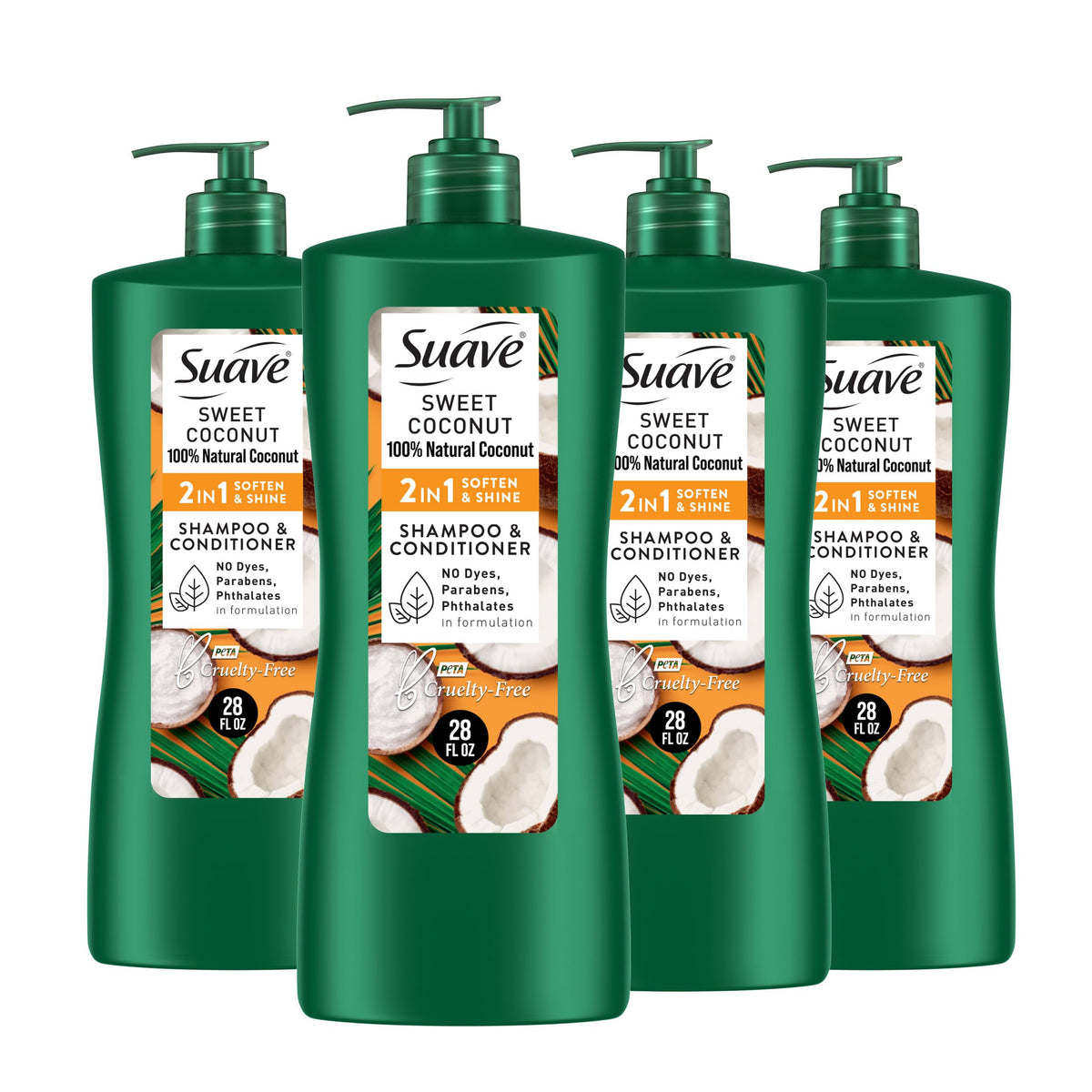 Suave front packaging showing smooth & shiny 2‑in‑1 bottles and value pack benefit