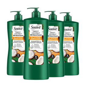 Suave front packaging showing smooth & shiny 2‑in‑1 bottles and value pack benefit